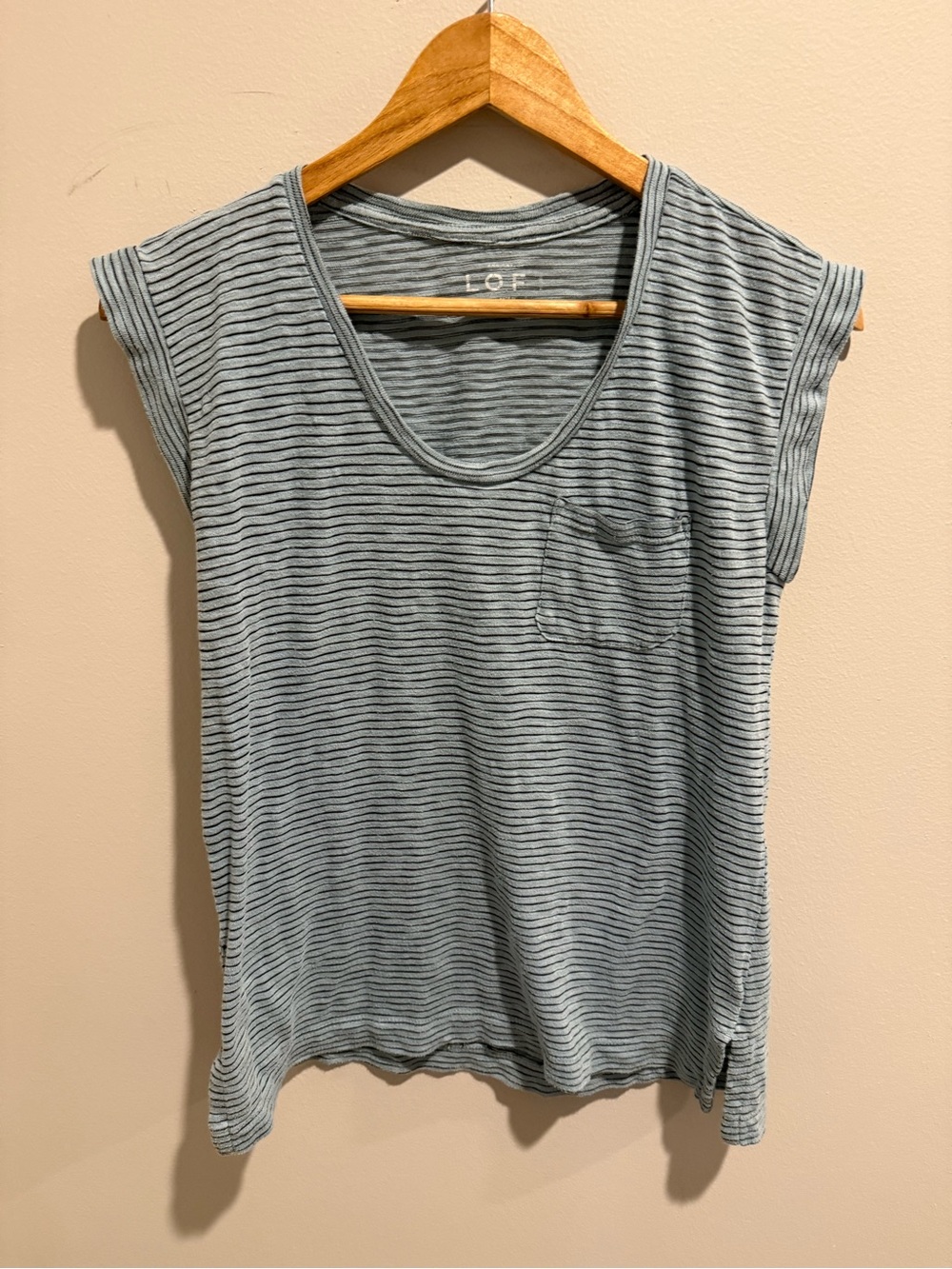 LOFT Light Blue and Charcoal Striped Scoop Neck Tank